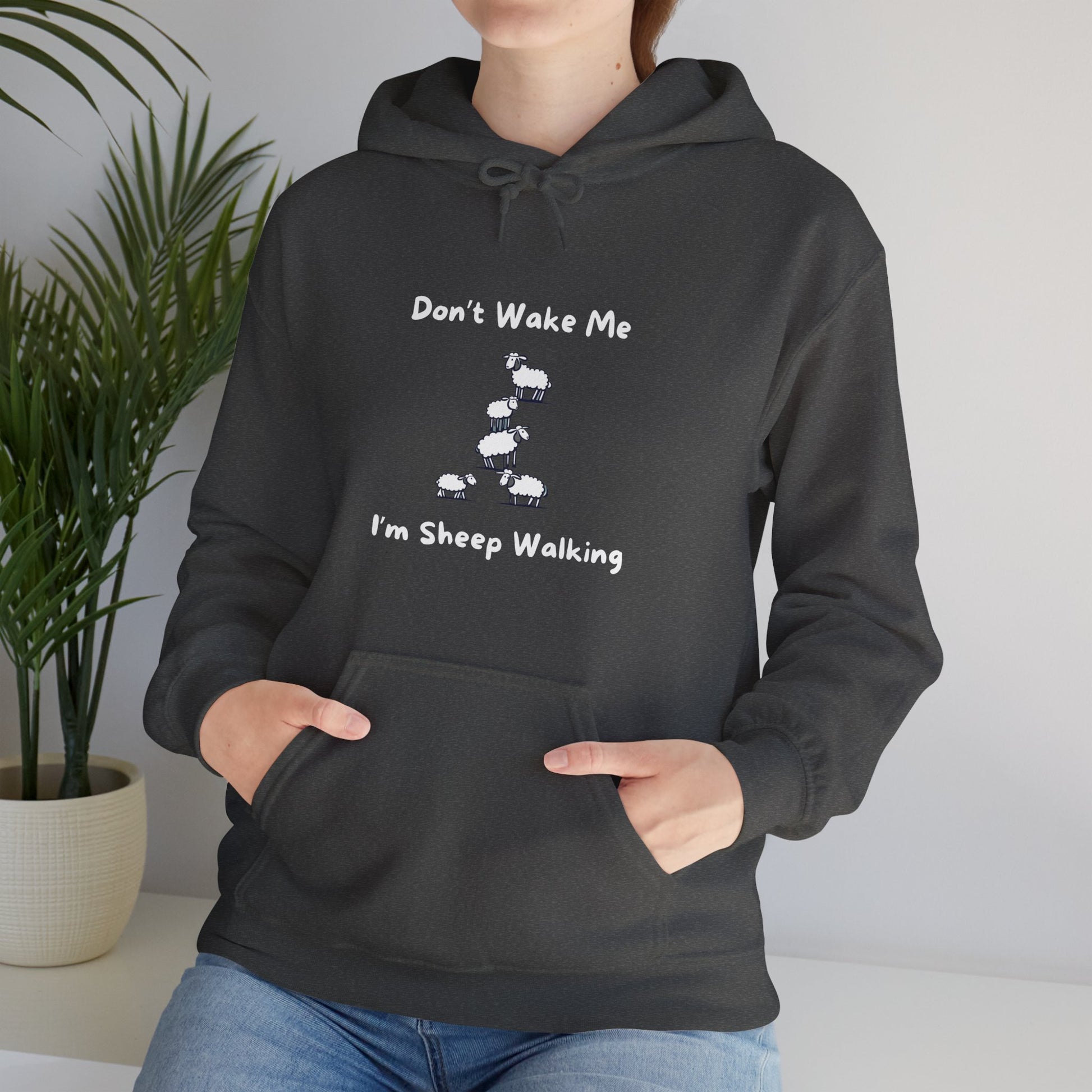 Black funny sheep hoodie with cartoon sheep and text saying Don't Wake Me I'm Sheep Walking