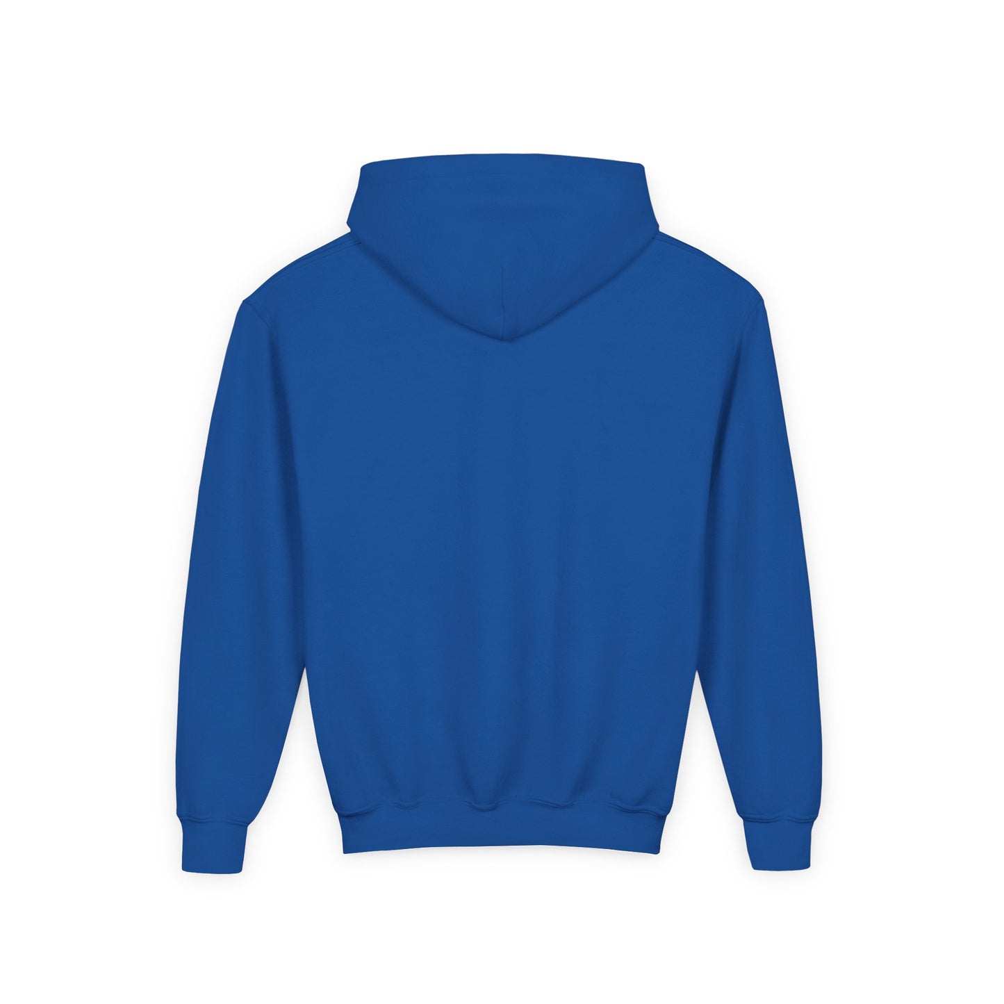Back view of blue funny sheep hoodie for kids made by Printify with long sleeves and hood