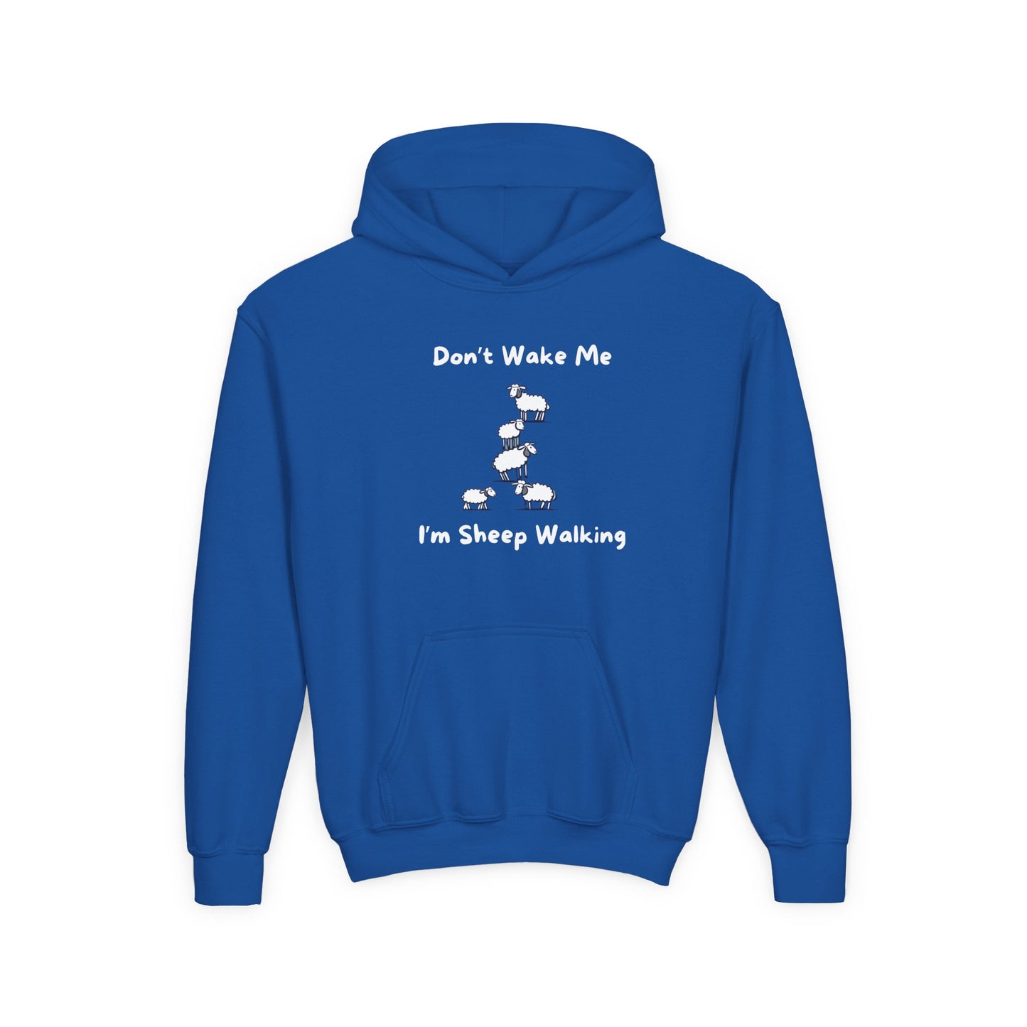 Blue funny sheep hoodie for kids with humorous sheep walking graphic and slogan