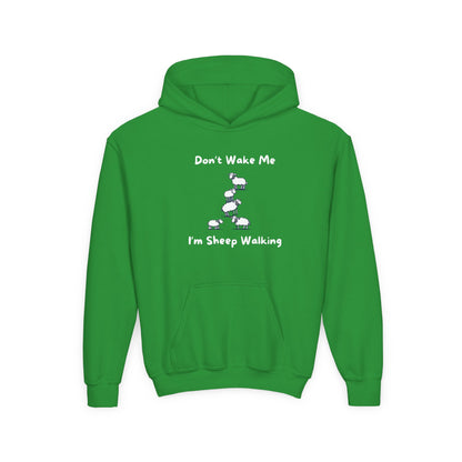 Green funny sheep hoodie for kids with playful sheep walking graphic and text design