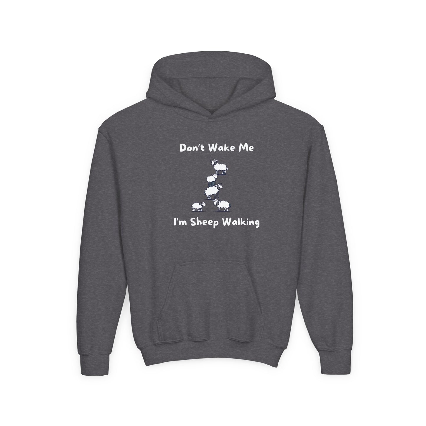 Funny sheep hoodie for kids in dark gray with playful sheep design and sleeping message