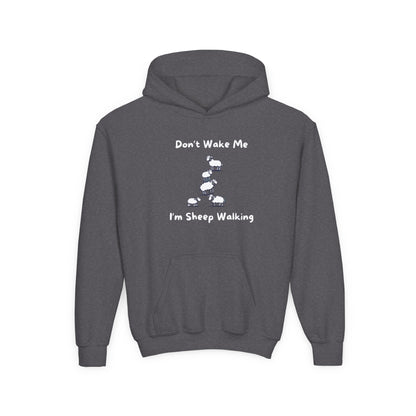 Funny sheep hoodie for kids in dark gray with playful sheep design and sleeping message