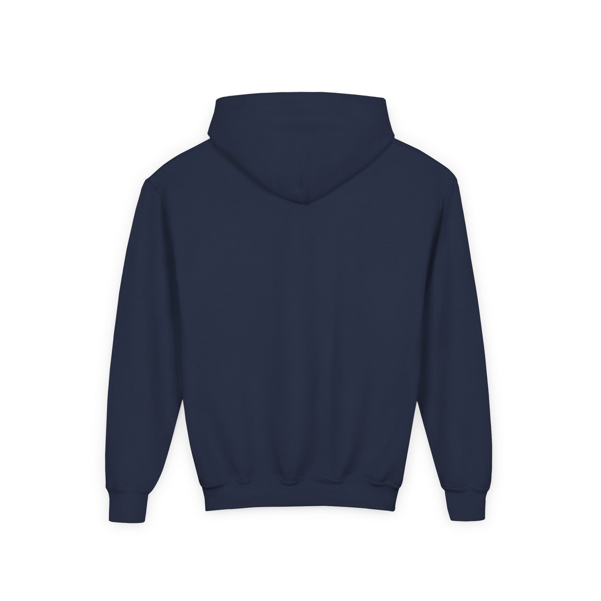 Back view of navy funny sheep hoodie for kids with long sleeves and hood by Printify