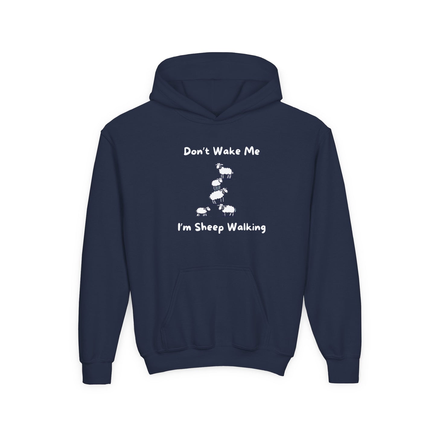 Navy blue funny sheep hoodie for kids with white sheep graphic and playful text design