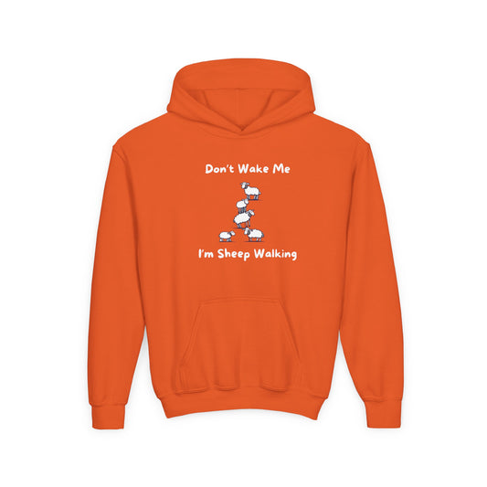 Orange funny sheep hoodie for kids with sheep graphic and text saying Don’t Wake Me I’m Sheep Walking