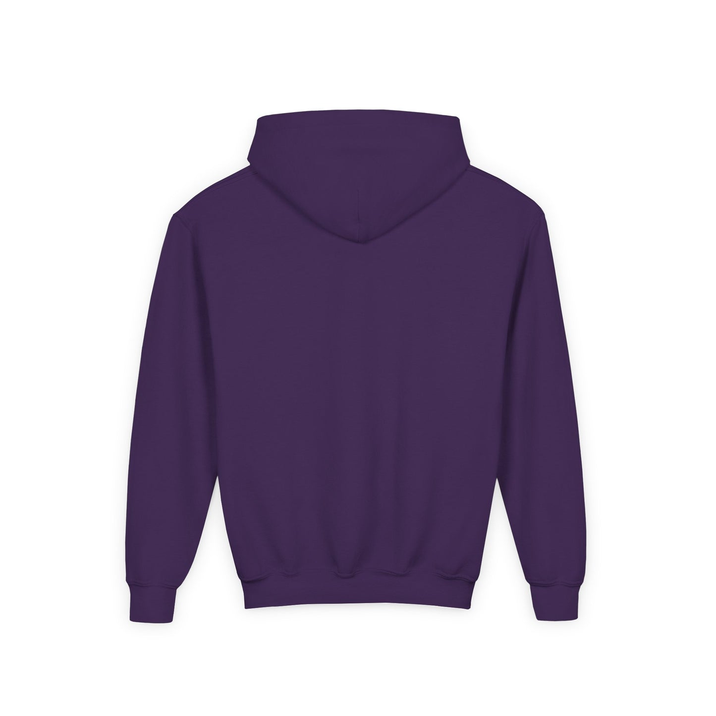 Purple funny sheep hoodie for kids made by Printify shown from back with hood and long sleeves