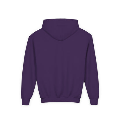 Purple funny sheep hoodie for kids made by Printify shown from back with hood and long sleeves