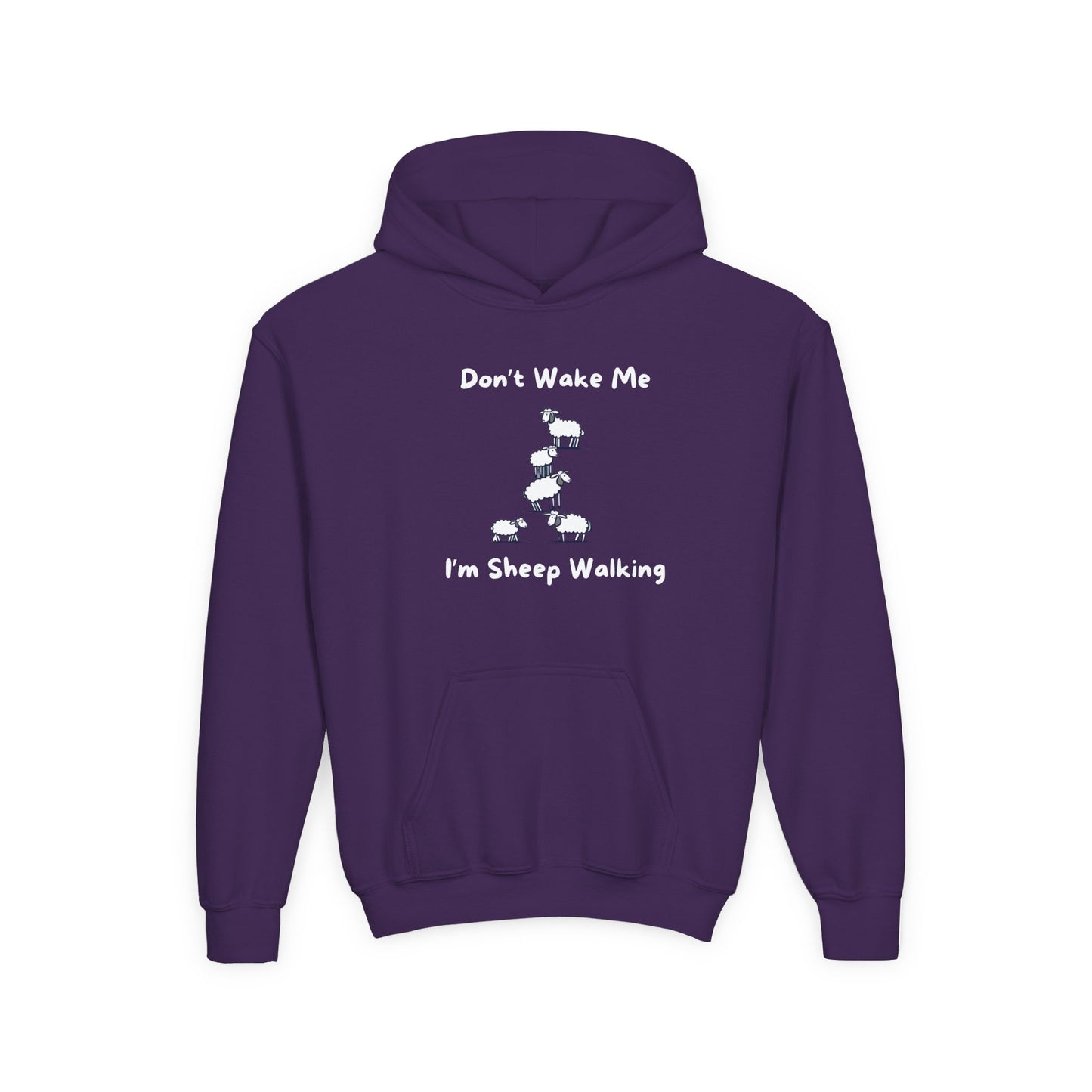 Purple kids funny sheep hoodie for kids with playful sheep walking graphic and humorous text