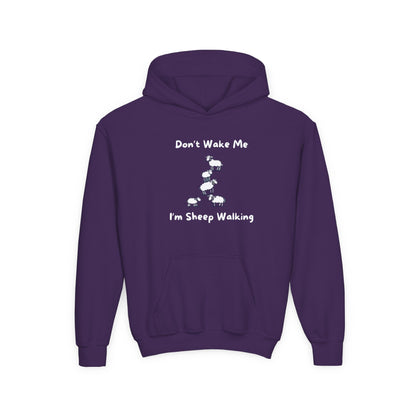 Purple kids funny sheep hoodie for kids with playful sheep walking graphic and humorous text