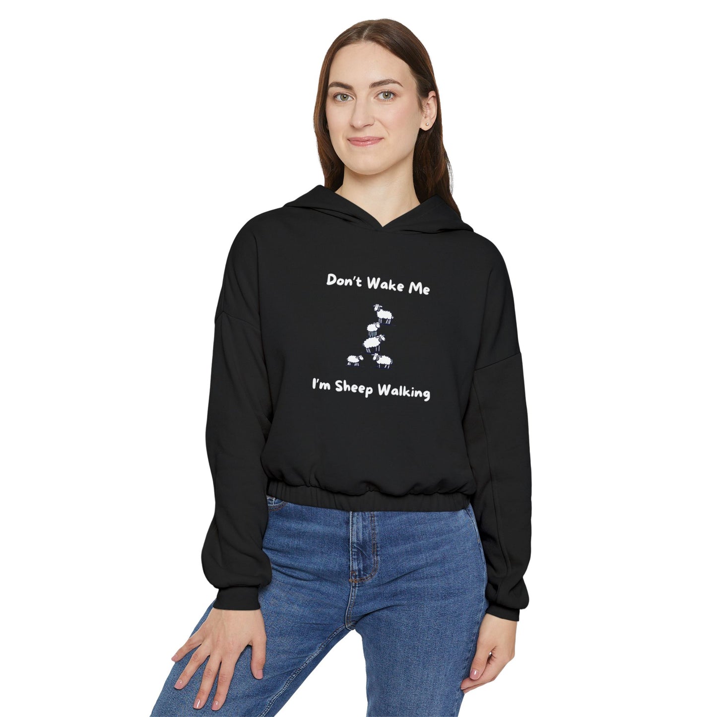 Black funny sheep hoodie for women with humorous sheep walking graphic and text