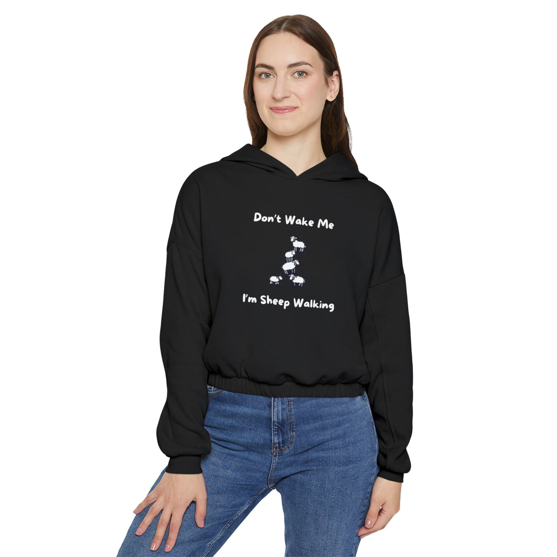 Black funny sheep hoodie for women with humorous sheep walking graphic and text