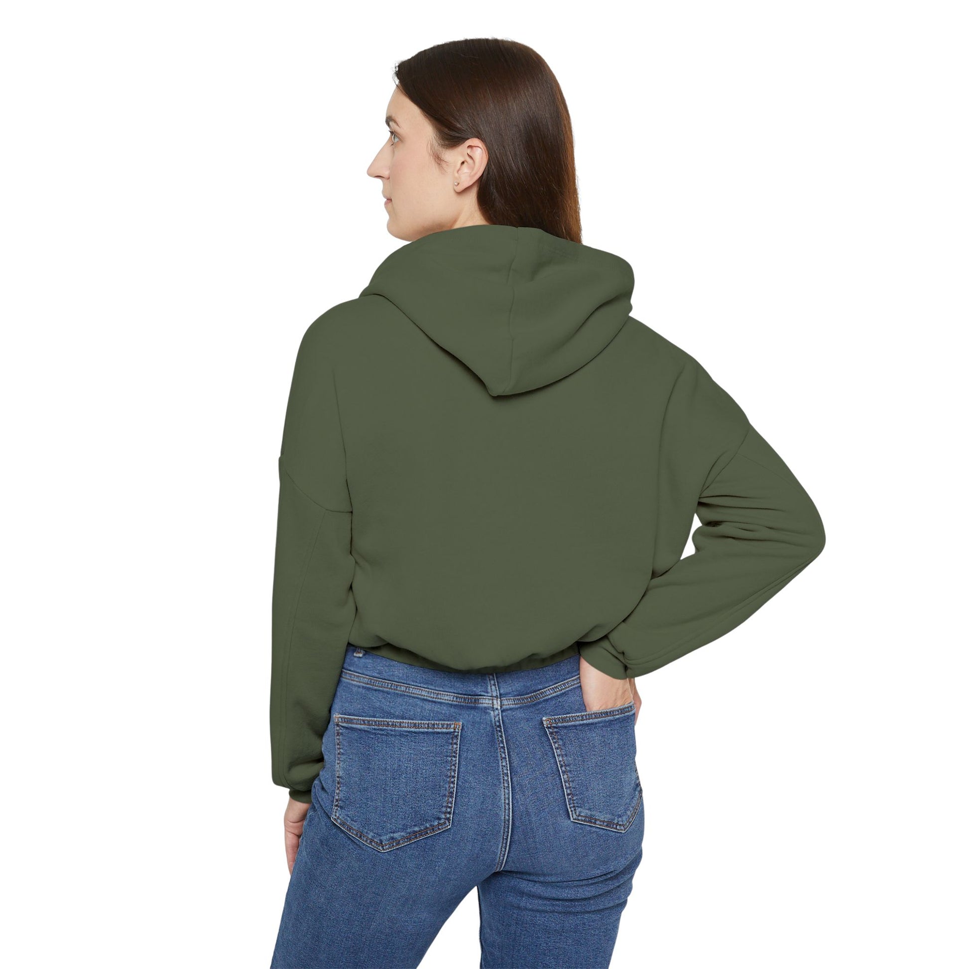 Back view of a woman wearing an olive green funny sheep hoodie for women by Printify paired with blue jeans