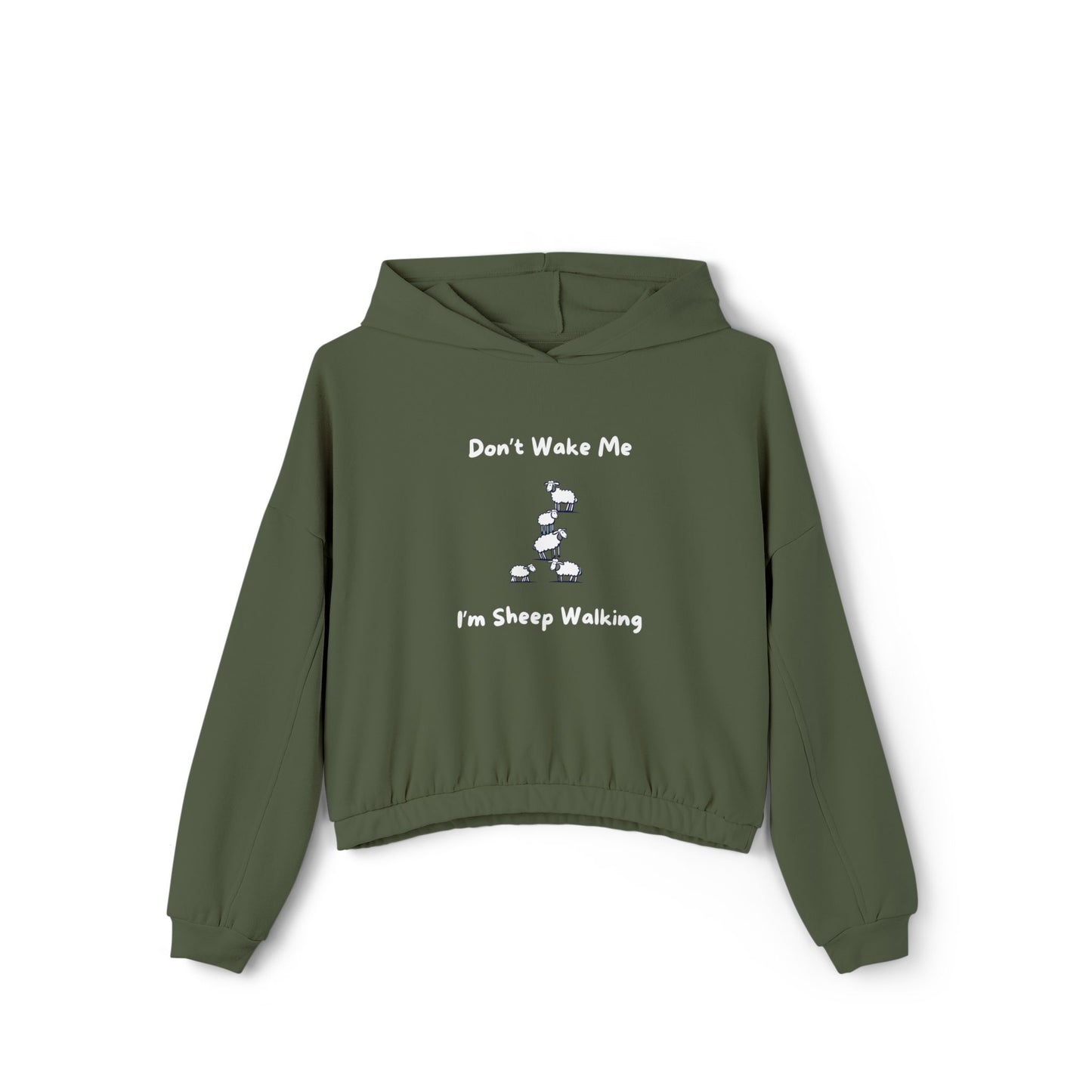 Funny sheep hoodie for women in olive green with dont wake me im sheep walking graphic