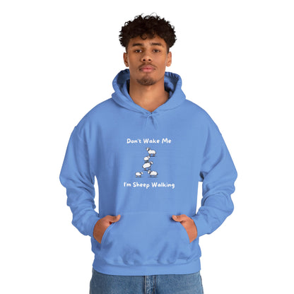 Printify blue funny sheep hoodie with cute sheep walking design and text don't wake me I'm sheep walking