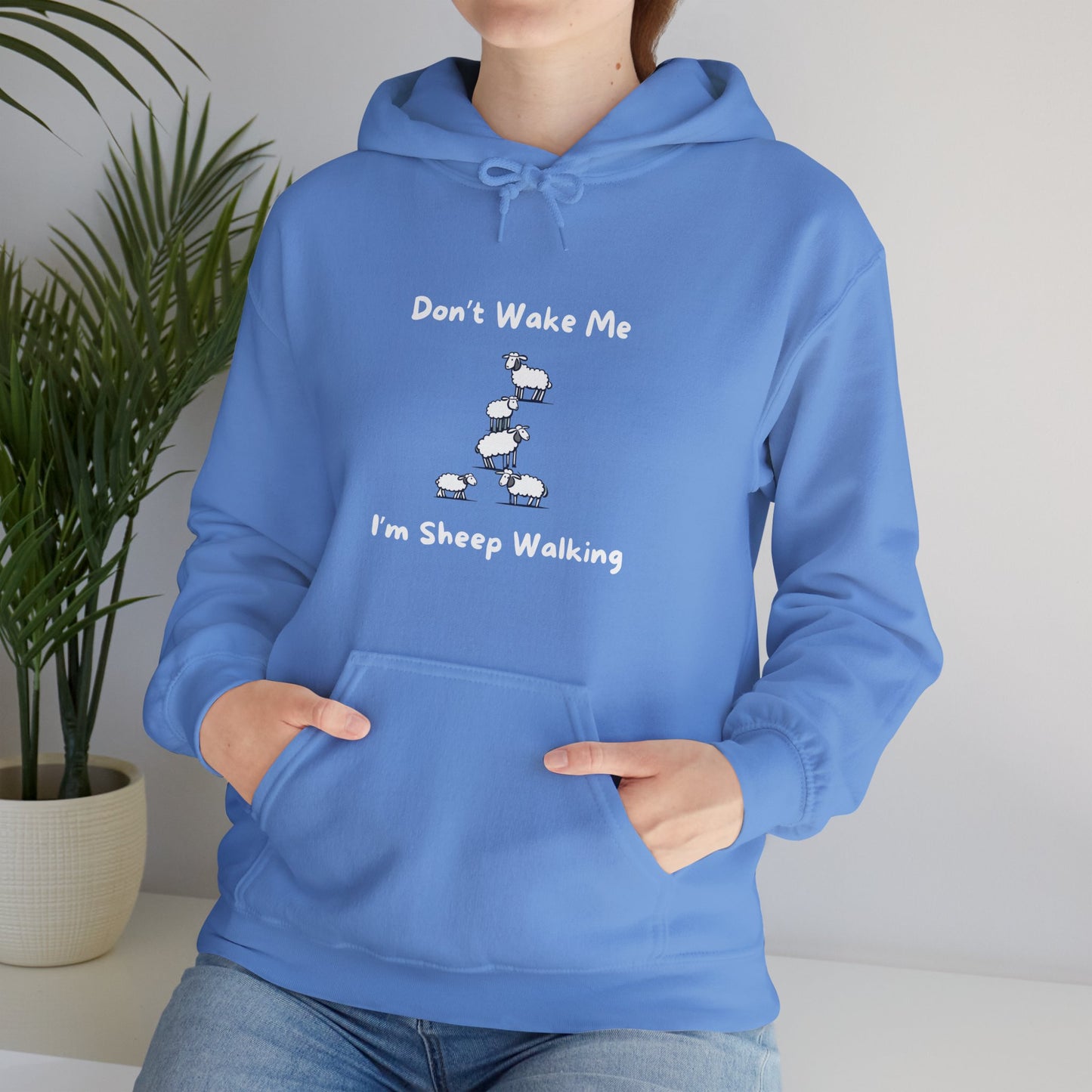 Blue funny sheep hoodie with cartoon sheep and text Dont Wake Me Im Sheep Walking by Printify