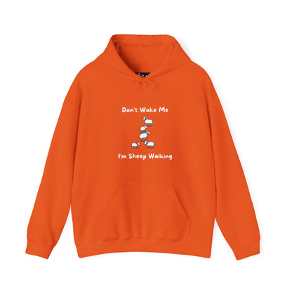 Orange funny sheep hoodie with cartoon sheep and text saying Dont Wake Me Im Sheep Walking