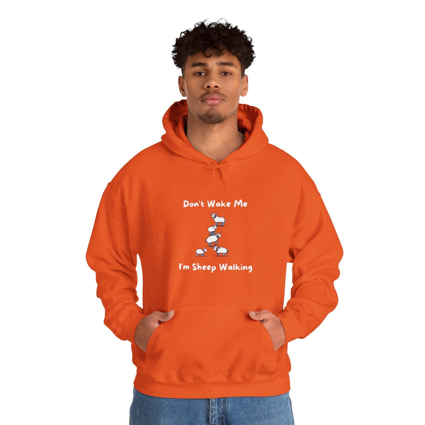 Orange Printify funny sheep hoodie with cartoon sheep and text Don't Wake Me I'm Sheep Walking