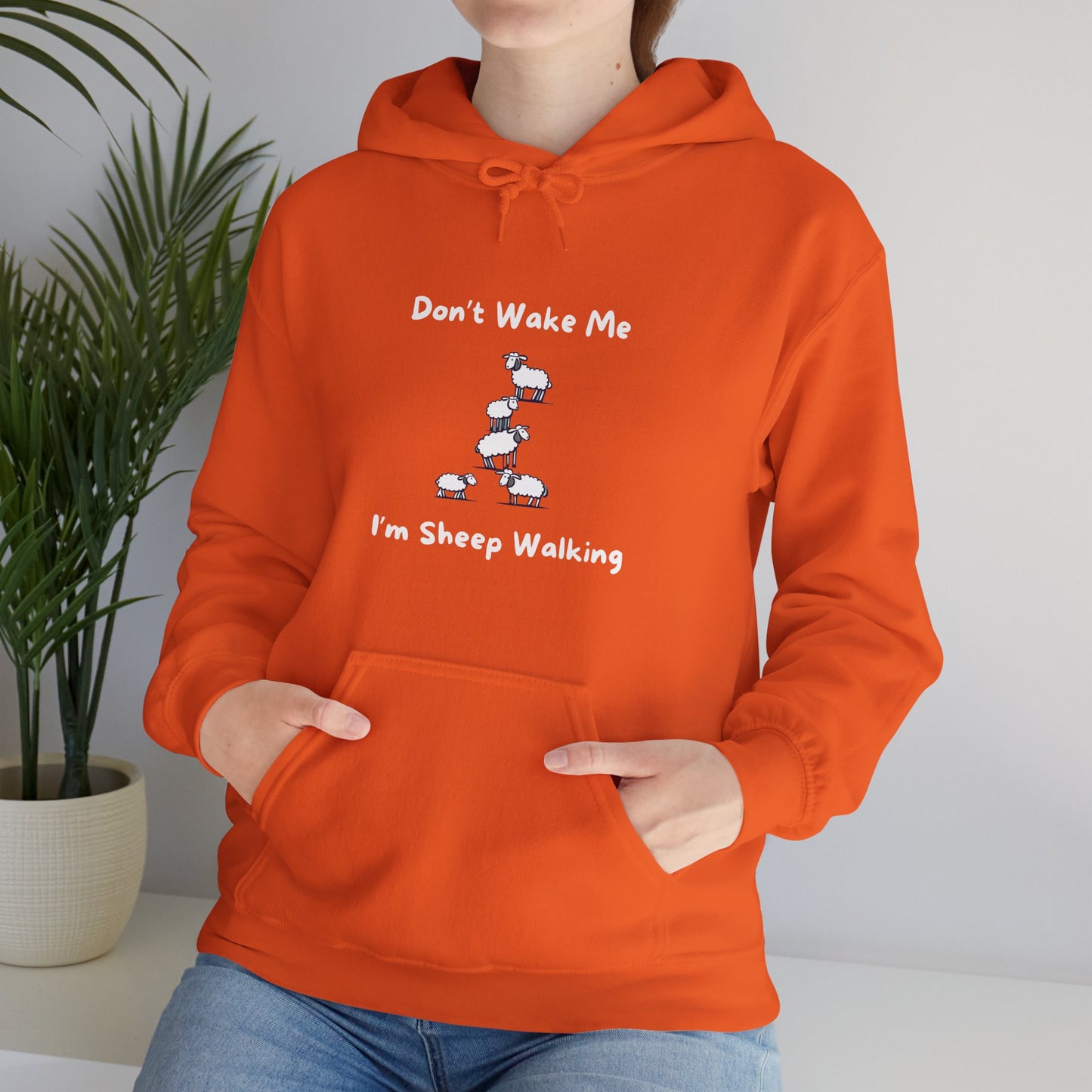 Orange funny sheep hoodie with cartoon sheep and text Dont Wake Me Im Sheep Walking by Printify