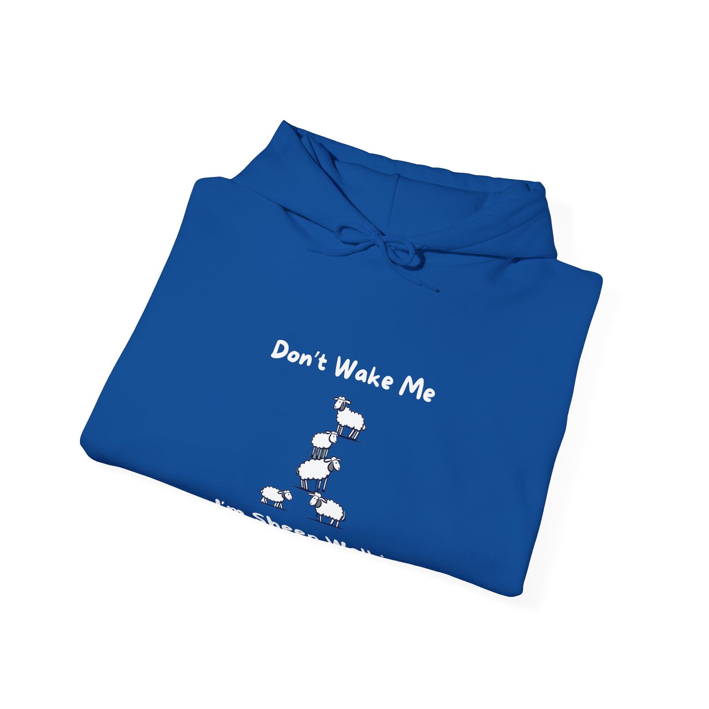 Printify funny sheep hoodie in blue with white sheep and Don't Wake Me text design