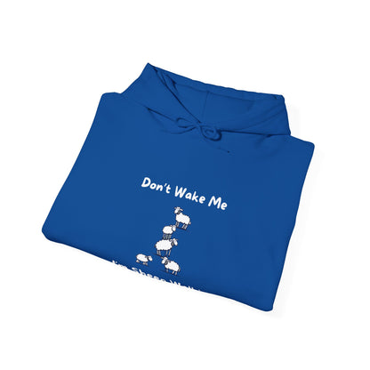 Printify funny sheep hoodie in blue with white sheep and Don't Wake Me text design