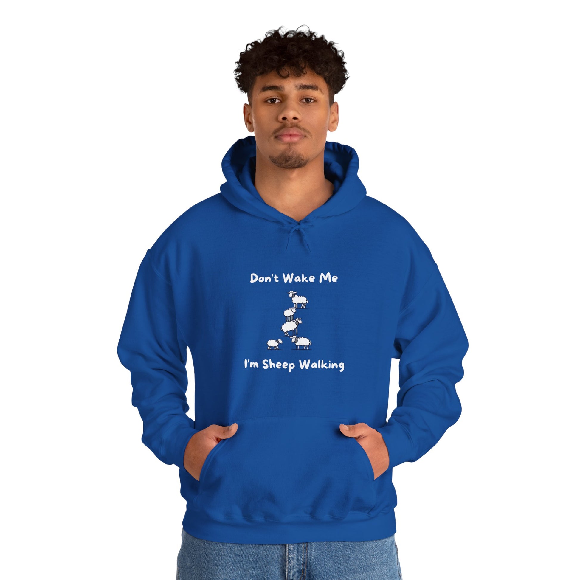 Printify funny sheep hoodie in blue with sheep walking graphic and text on front