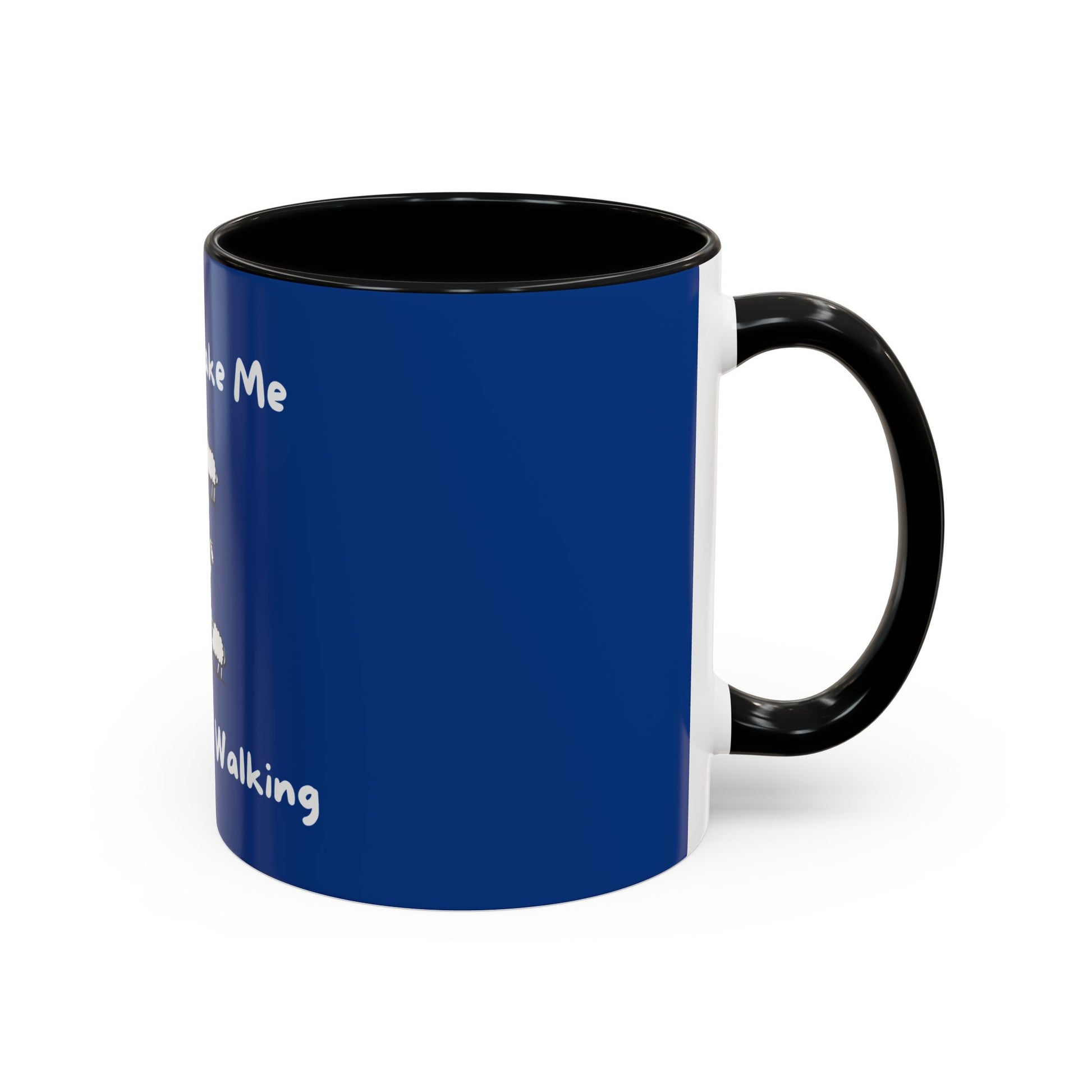 Printify funny sheep mug with blue exterior black handle and humorous white text design