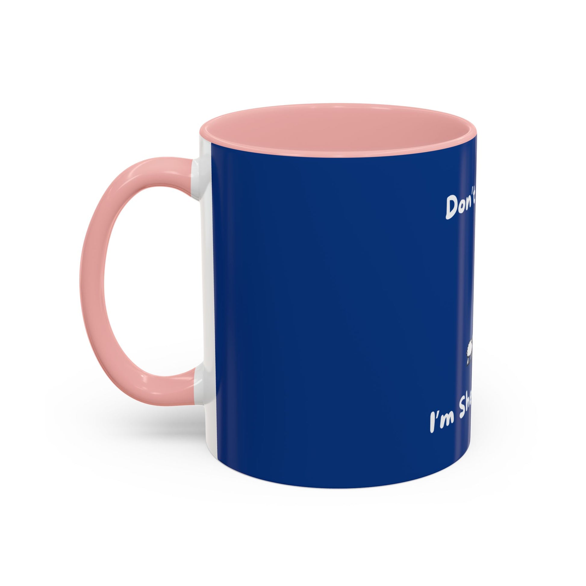 funny sheep mug with navy blue exterior and pink handle and interior