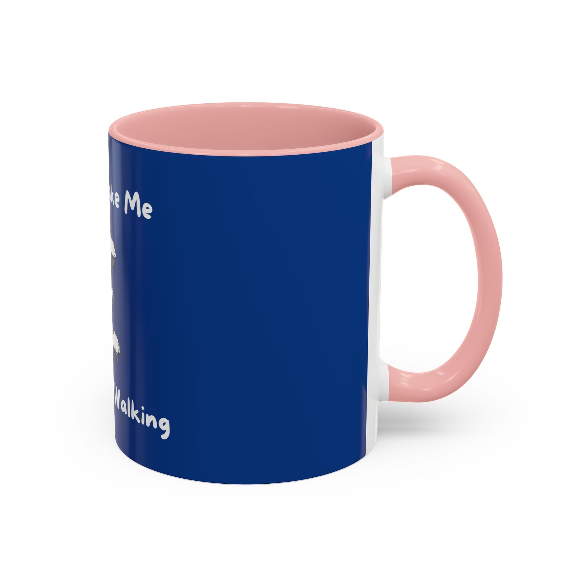 Printify funny sheep mug with navy blue exterior and pink handle and interior