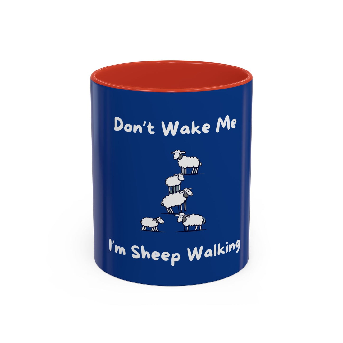 Printify funny sheep mug with blue exterior and red interior featuring cartoon sheep and text