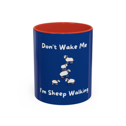 Printify funny sheep mug with blue exterior and red interior featuring cartoon sheep and text