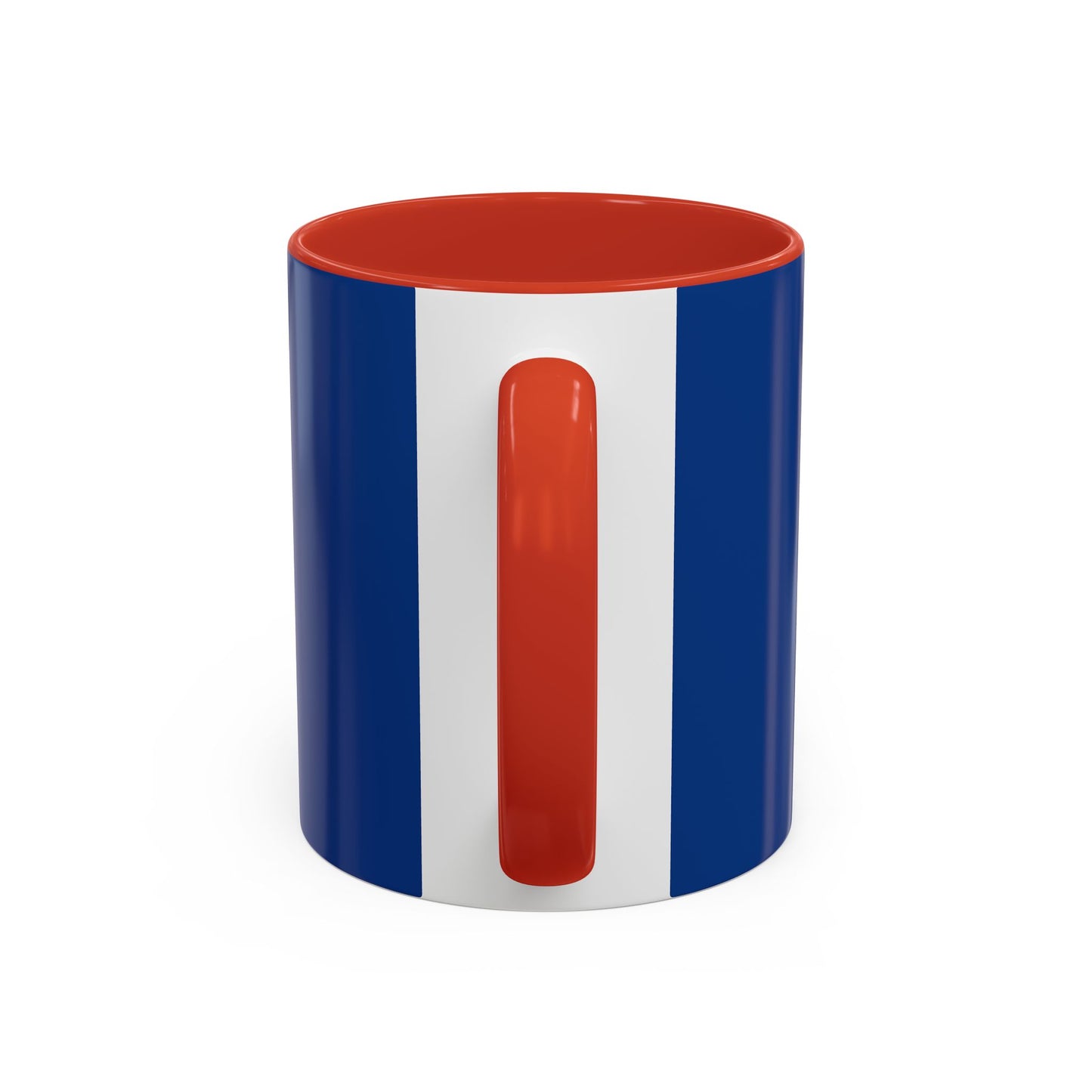 Printify blue and white mug with red handle and interior for a funny sheep mug design
