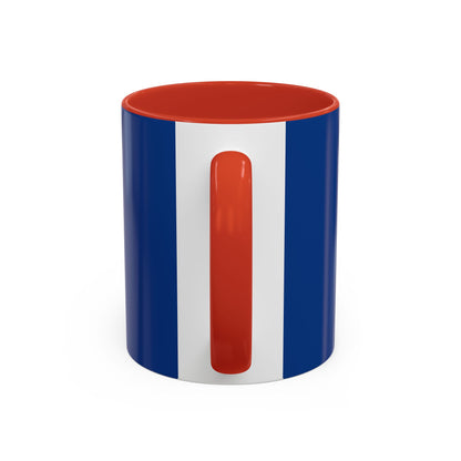 Printify blue and white mug with red handle and interior for a funny sheep mug design
