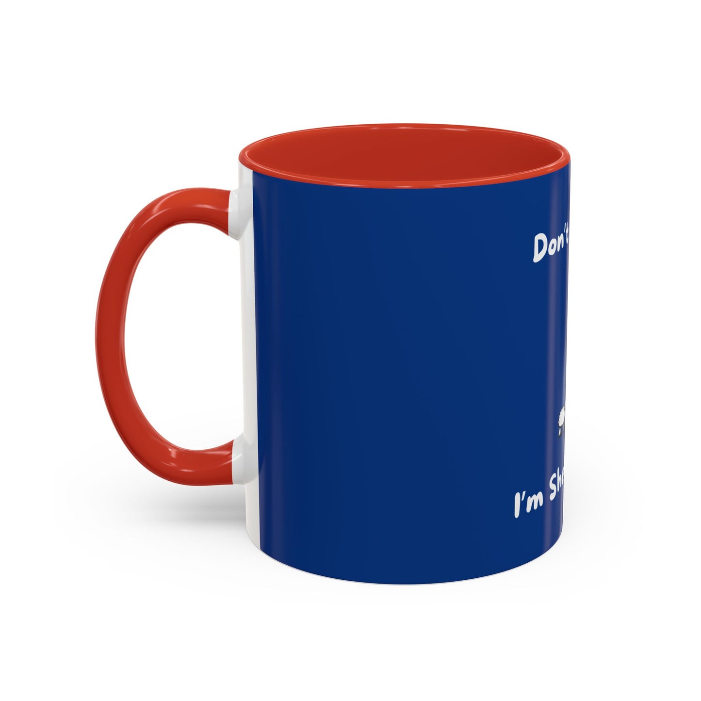 Printify funny sheep mug with blue exterior and red handle and interior