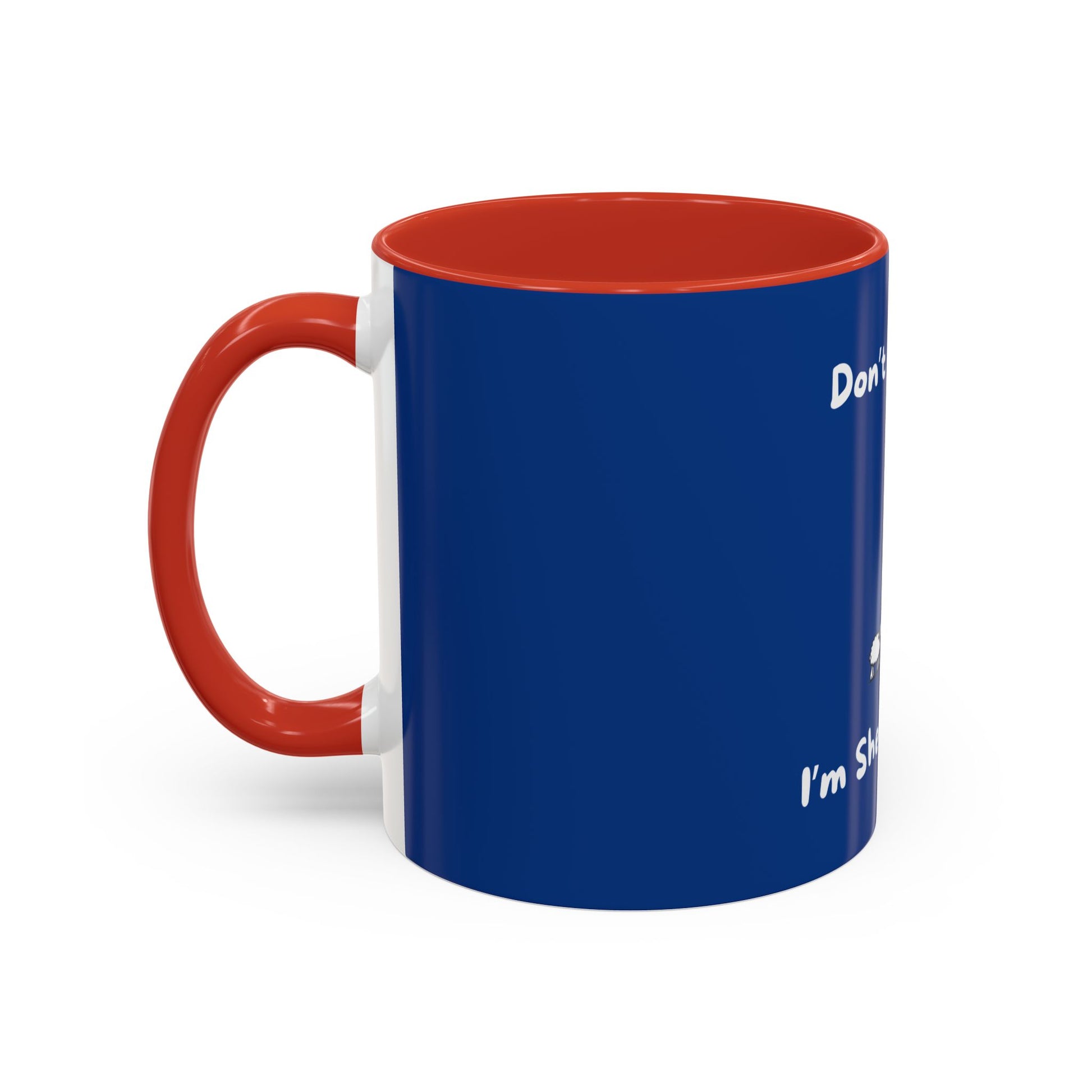 Printify funny sheep mug with blue exterior and red handle and interior