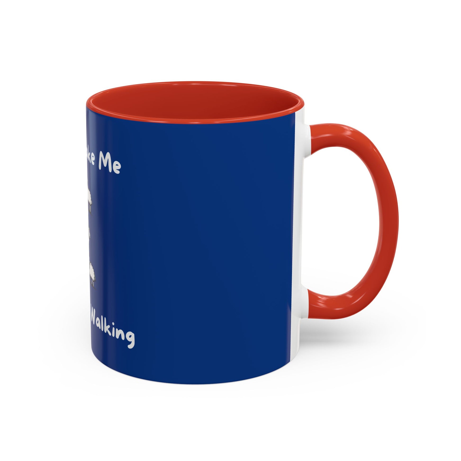 Printify funny sheep mug with blue exterior red interior and handle featuring playful sheep design