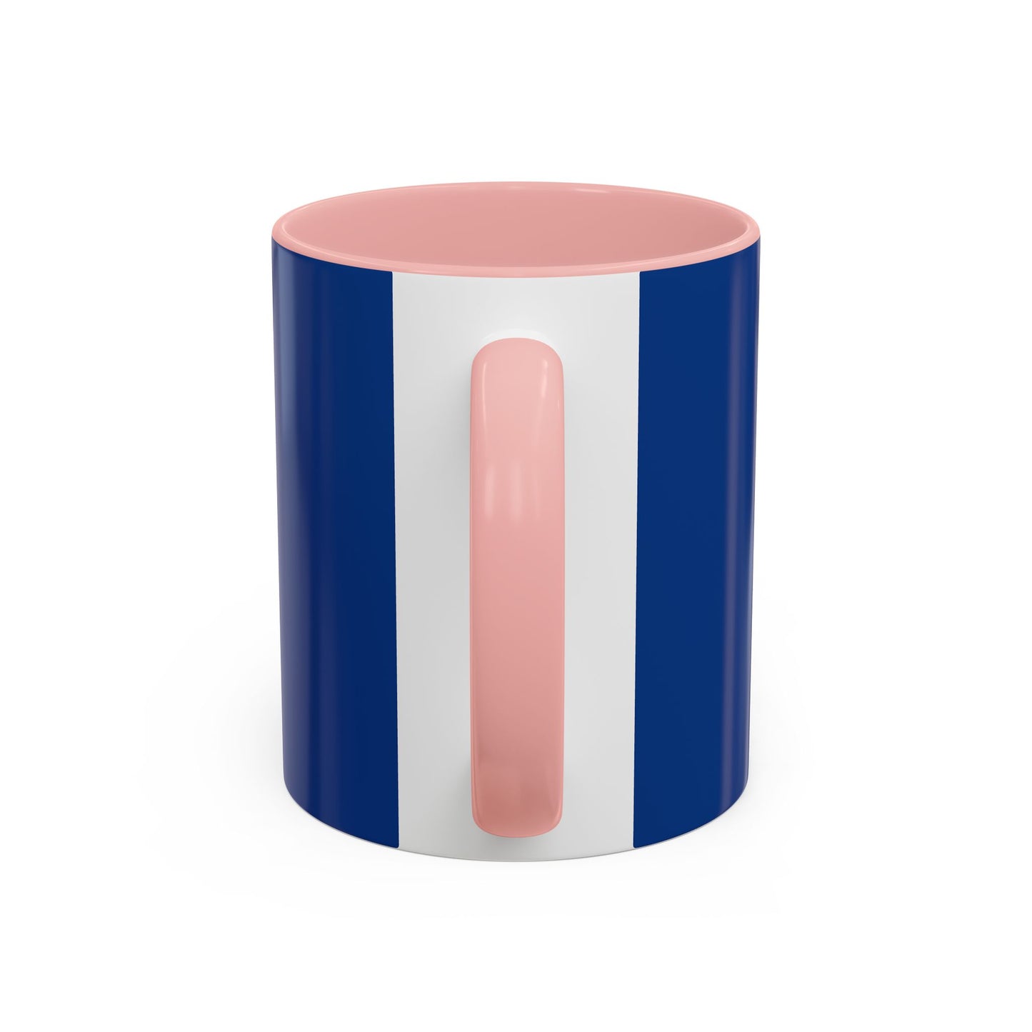 Printify funny sheep mug with blue and white stripes and pink handle and interior
