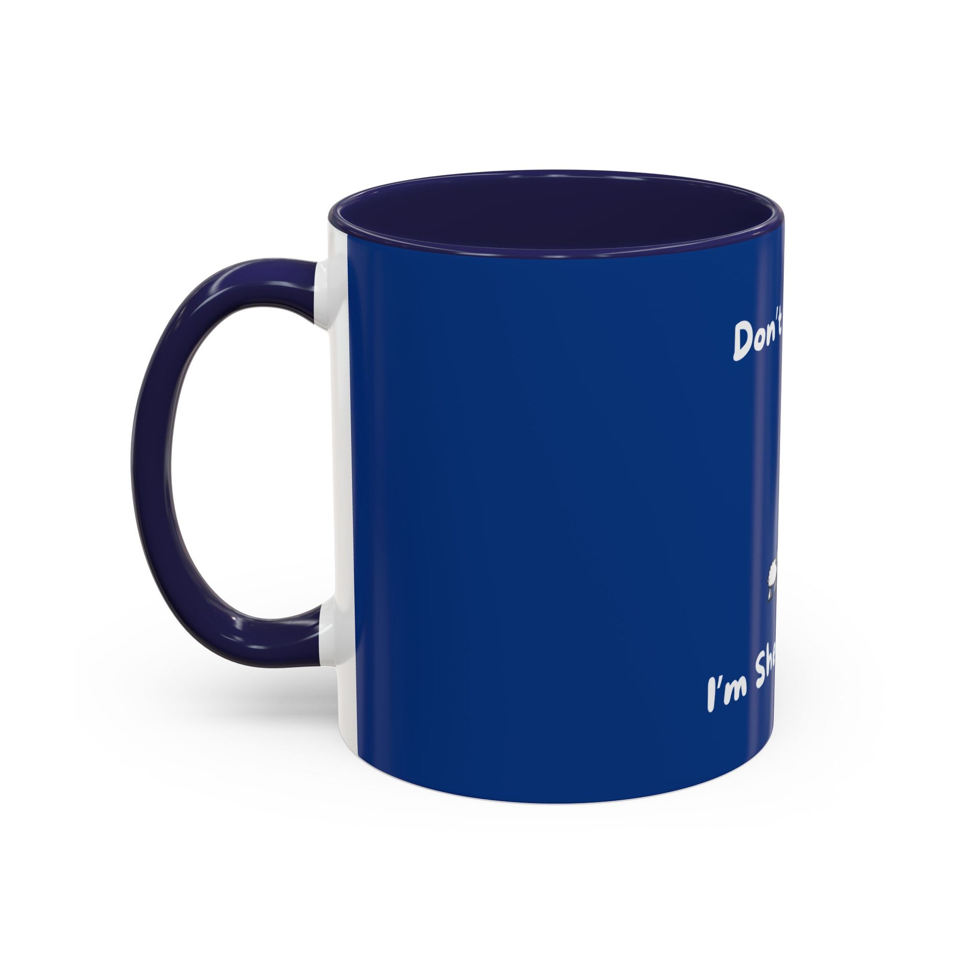 Printify blue funny sheep mug with dark handle and humorous white text design