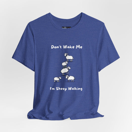 Printify funny sheep shirt in blue with don’t wake me I’m sheep walking graphic design