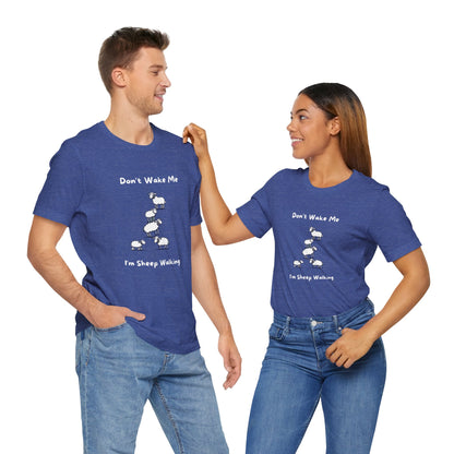 Printify funny sheep shirt with cute stacked sheep graphic and text on blue t-shirts worn by man and woman