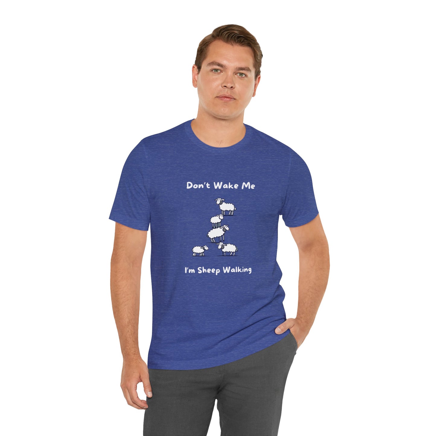 Printify funny sheep shirt in blue with humorous sheep walking design and text