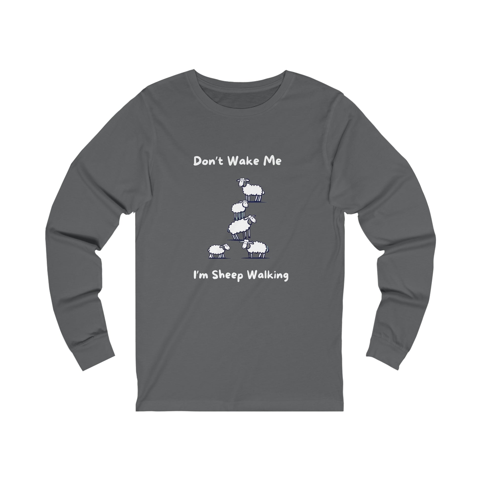 Gray long-sleeve funny sheep shirt with humorous text and sheep graphic from Printify
