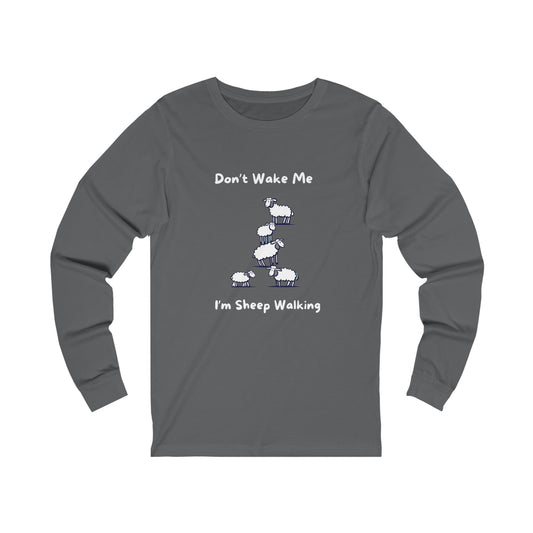 Gray long-sleeve funny sheep shirt with humorous text and sheep graphic from Printify