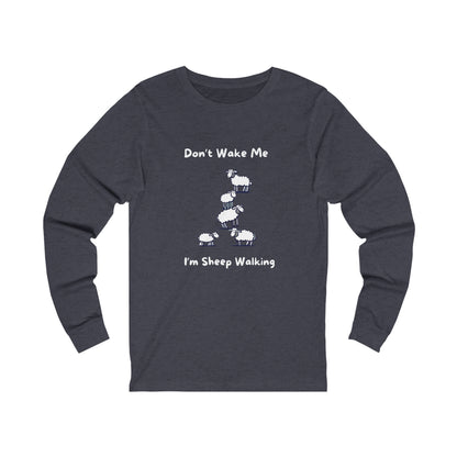 Printify long-sleeve funny sheep shirt with cartoon sheep and text Dont Wake Me Im Sheep Walking