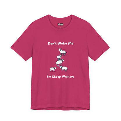 Printify funny sheep shirt in pink with humorous sheep walking design and text saying Don't Wake Me I'm Sheep Walking