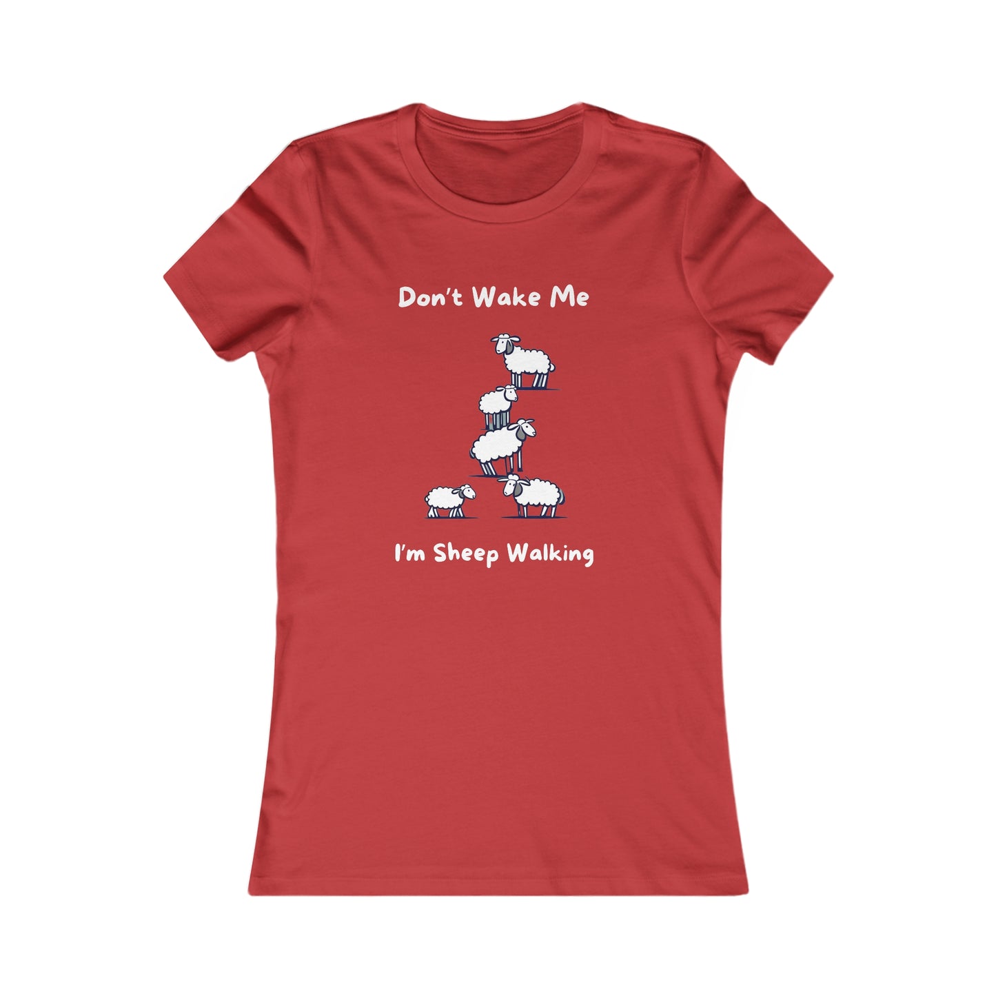 Red funny sheep shirt with cartoon sheep and text don’t wake me I’m sheep walking