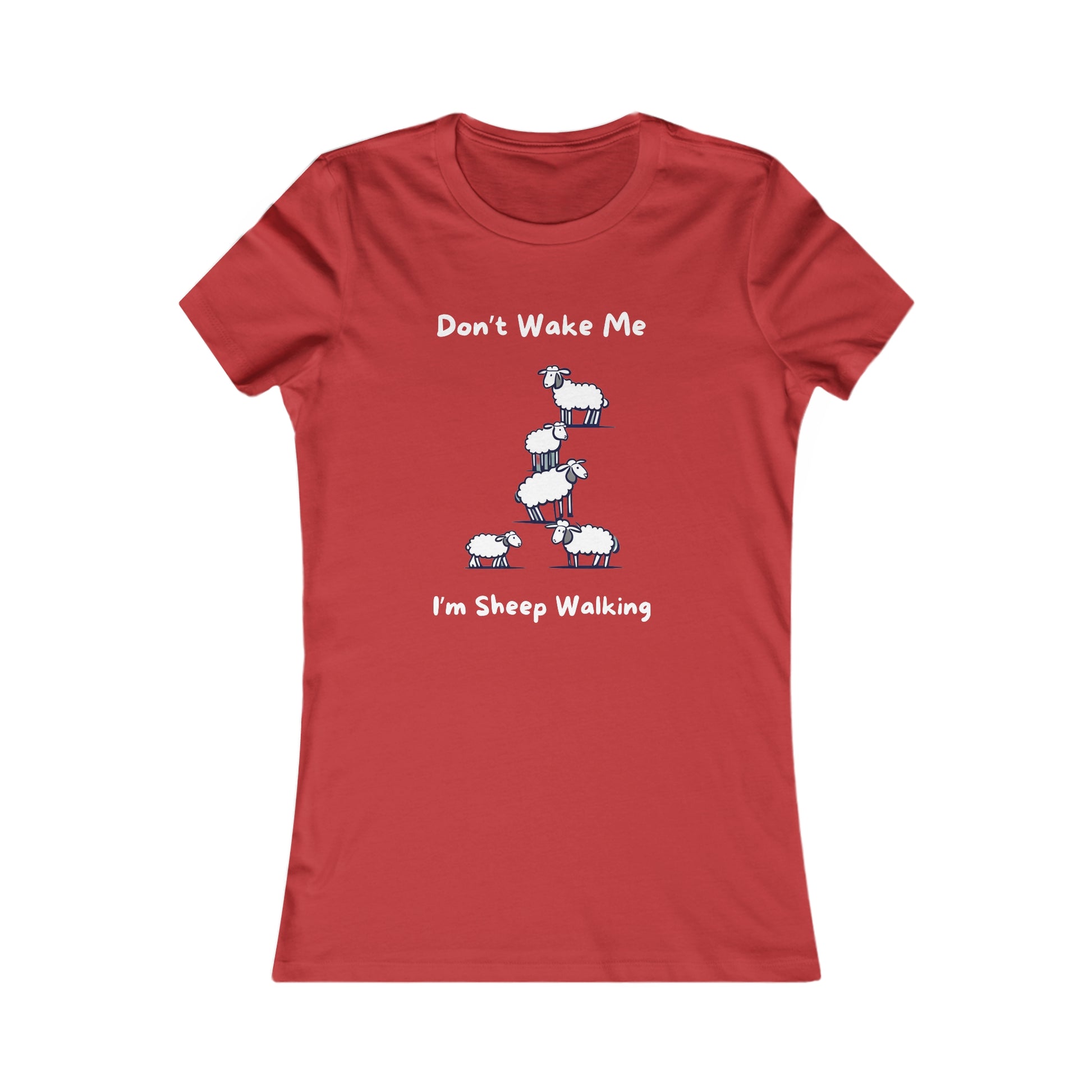 Red funny sheep shirt with cartoon sheep and text don’t wake me I’m sheep walking