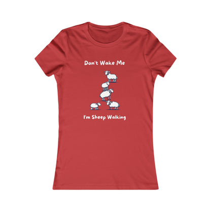 Red funny sheep shirt with cartoon sheep and text don’t wake me I’m sheep walking