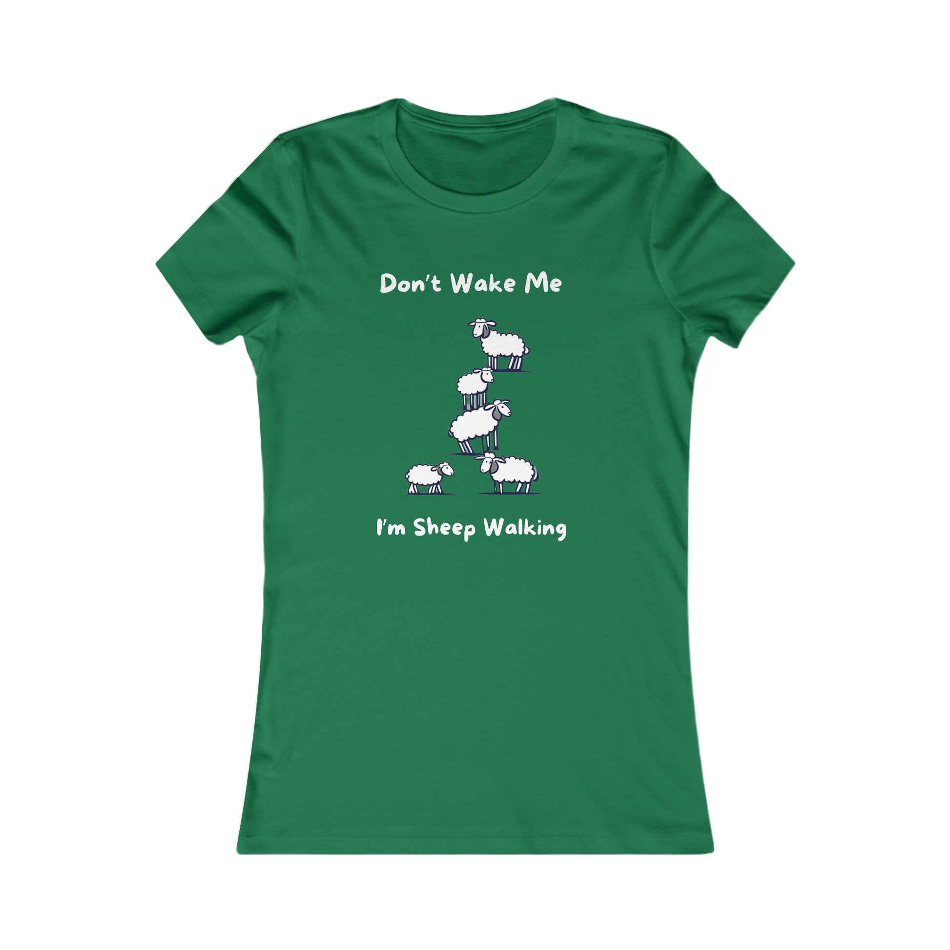 Green funny sheep shirt from Printify with cute sheep graphic and the text Don’t Wake Me I’m Sheep Walking