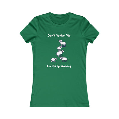 Green funny sheep shirt from Printify with cute sheep graphic and the text Don’t Wake Me I’m Sheep Walking