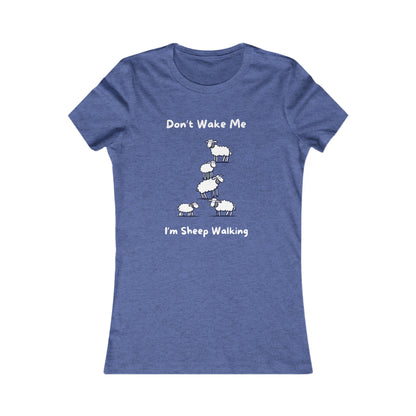 Blue Printify funny sheep shirt with white cartoon sheep and text Don't Wake Me I'm Sheep Walking
